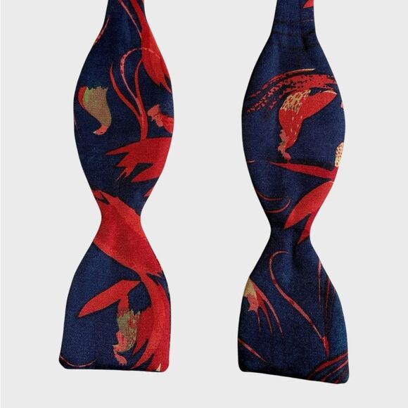 VTG Georgina Von Etzdorf Bird Floral Silk Self Tie Bow Tie Navy Red England RARE - Picture 15 of 16